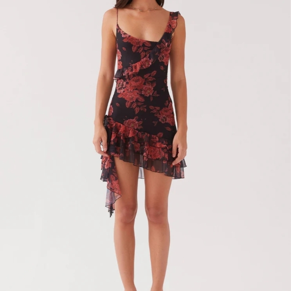 Floral Black and Red Women's Dress - Picture 3 of 10